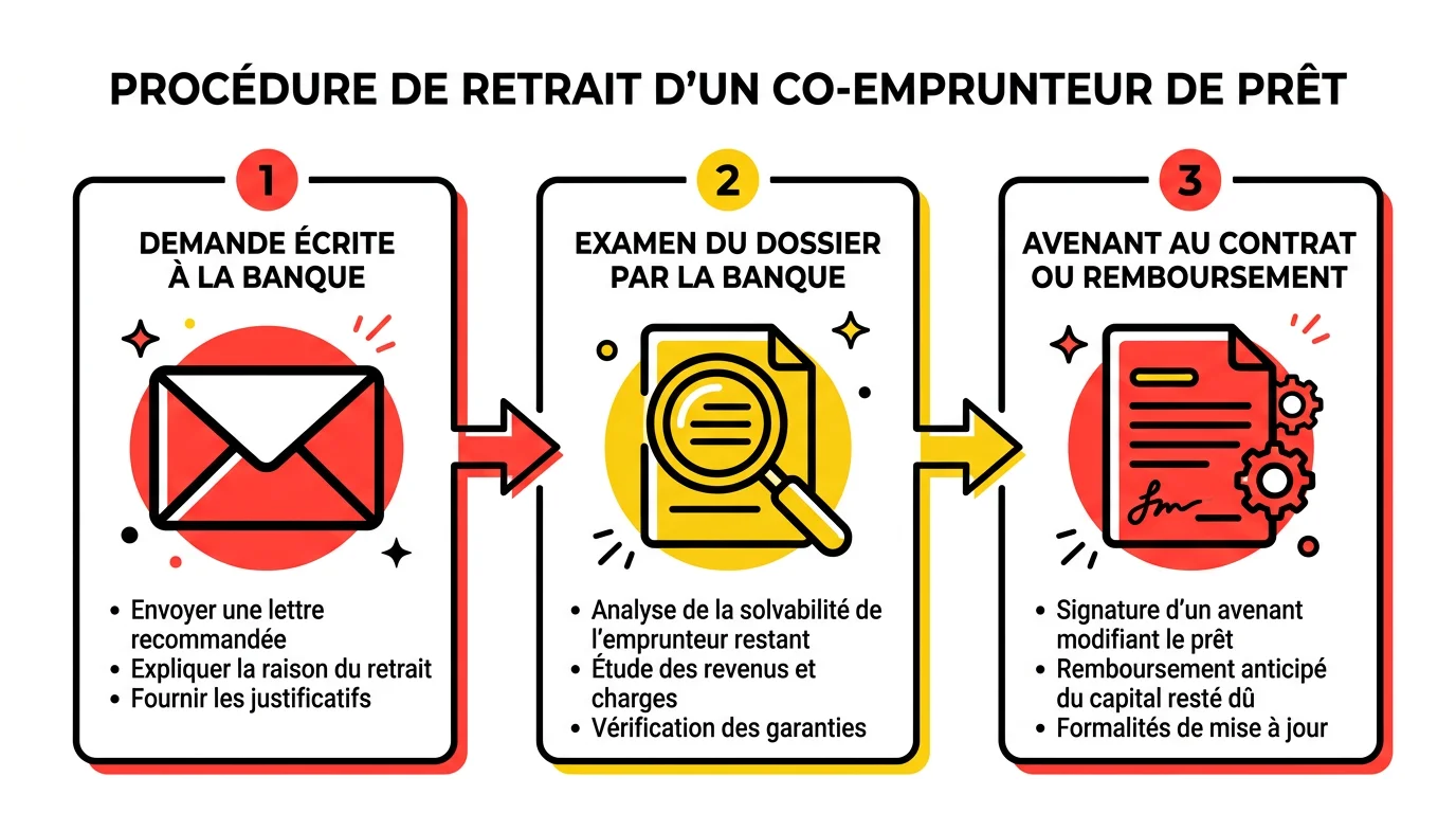 Schéma en 3 étapes de la procédure de désolidarisation d'un prêt bancaire