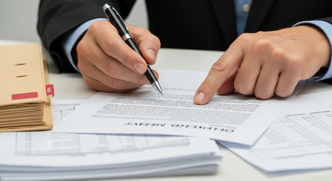 Mains signant un document officiel bancaire avec un stylo