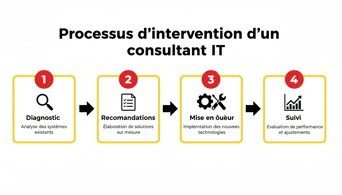 Infographie des 4 étapes du processus d'intervention d'un consultant IT : diagnostic, recommandations, mise en œuvre, suivi