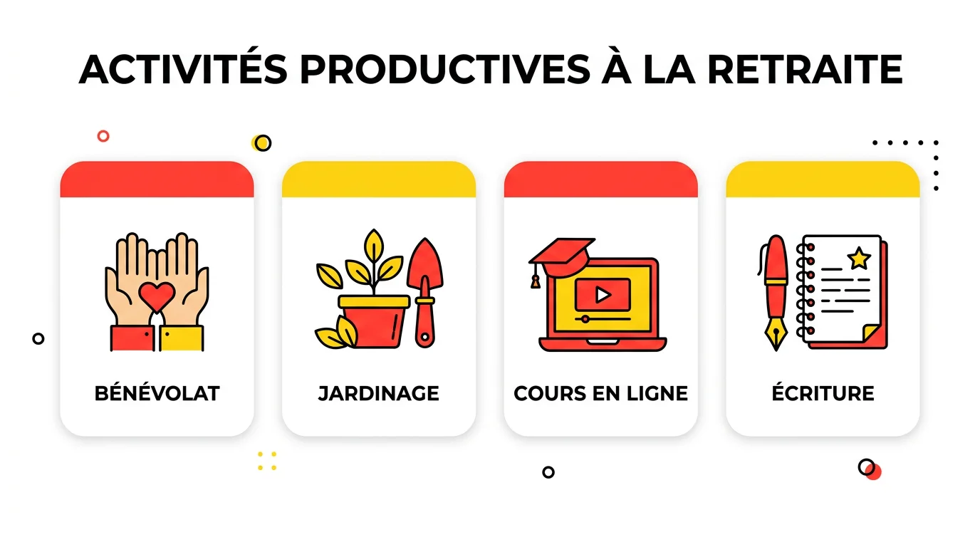 Infographie des 4 activités productives à la retraite : bénévolat, jardinage, cours en ligne, écriture