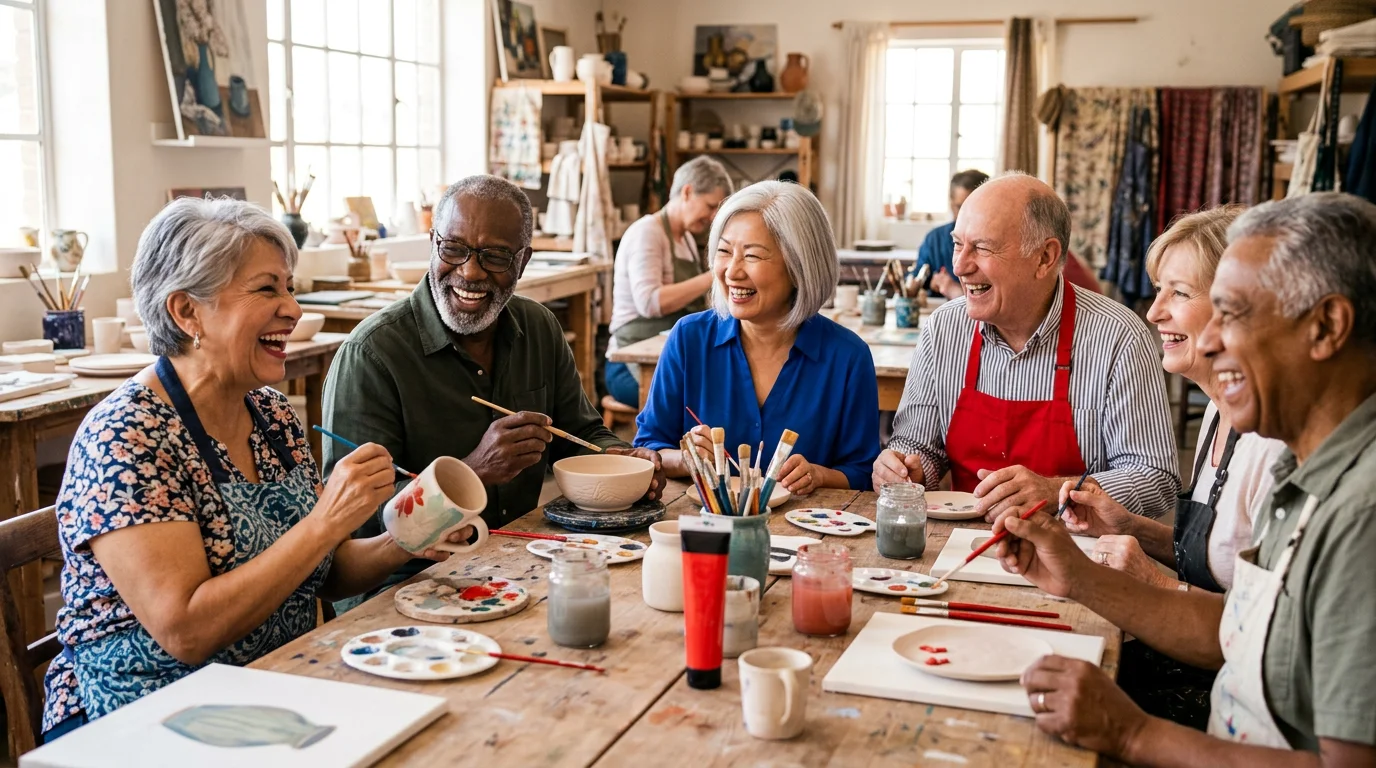 Groupe de seniors riant ensemble lors d'un atelier peinture et poterie