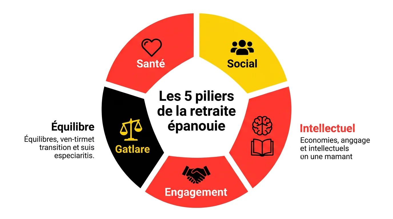 Diagramme en étoile des 5 piliers de la retraite épanouie : Santé, Social, Intellectuel, Engagement, Équilibre