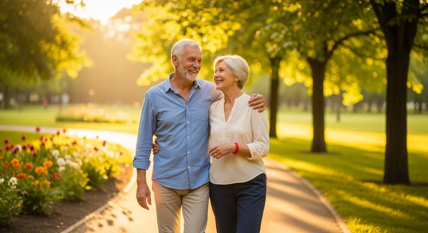Couple de seniors souriants marchant bras dessus bras dessous dans un parc ensoleillé
