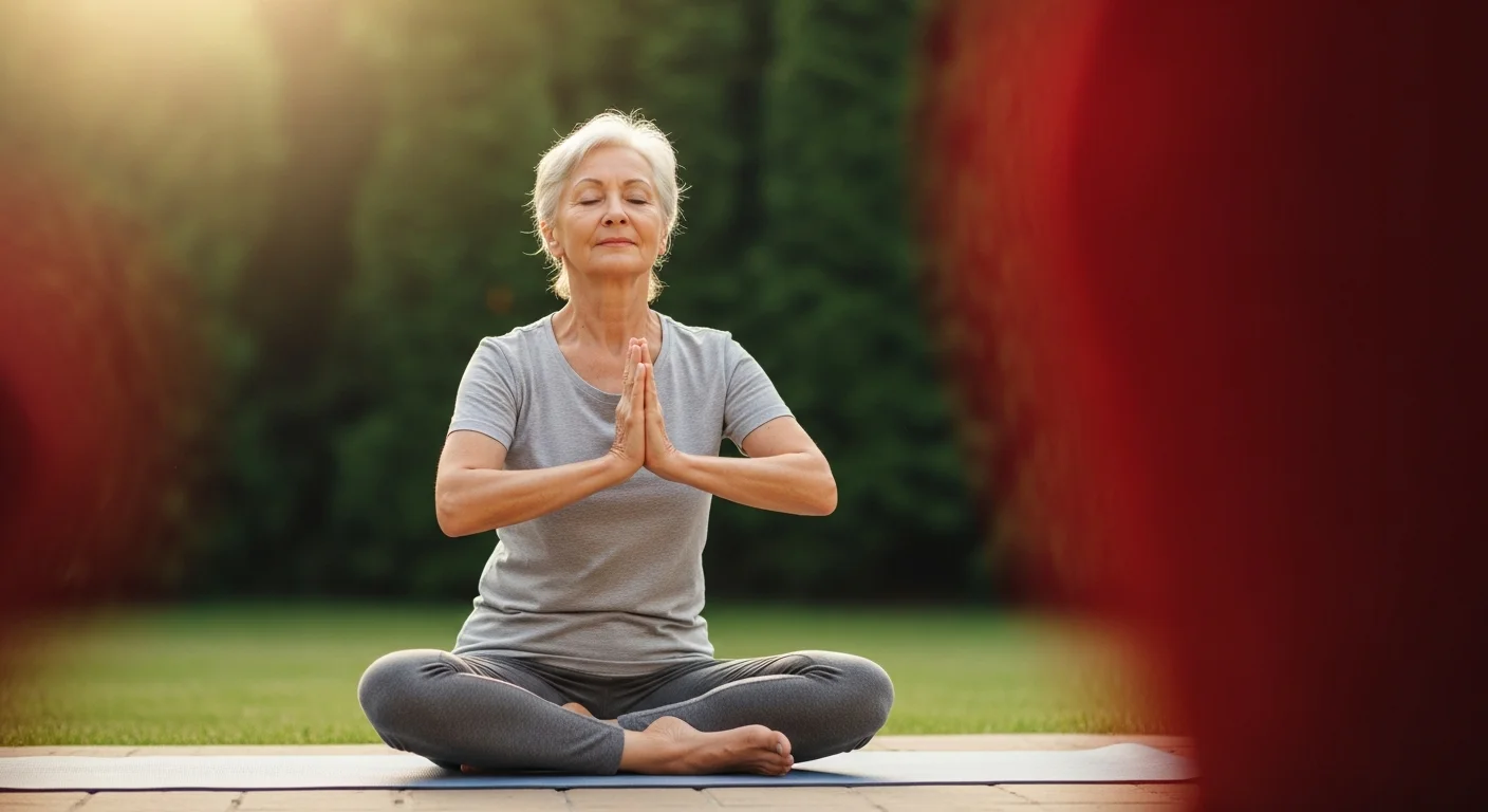 Femme senior en posture de yoga dans un jardin baigné de lumière matinale