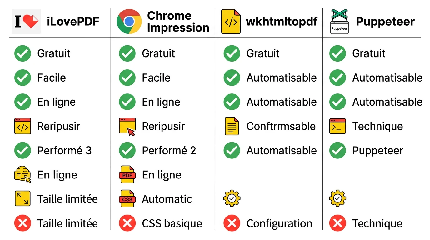 Tableau comparatif des outils de conversion HTML en PDF