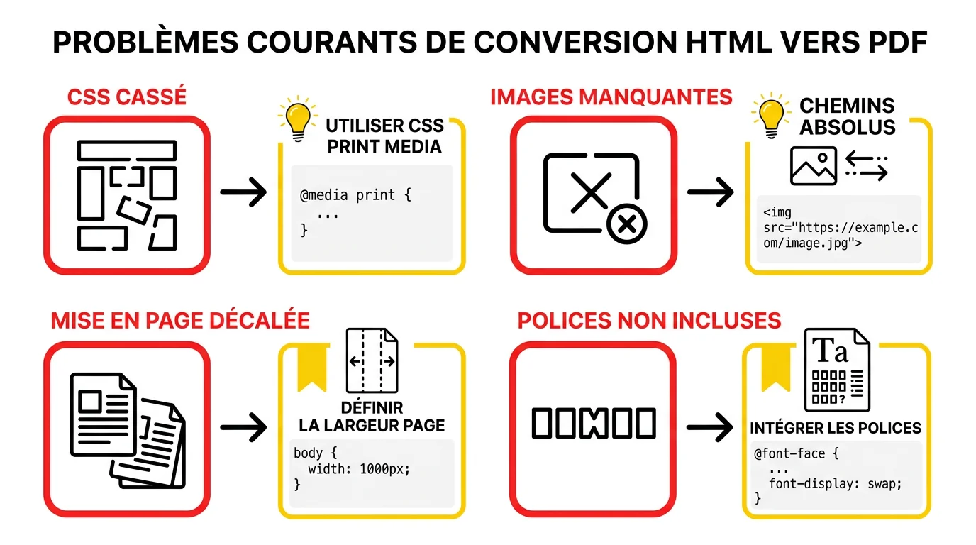 Diagramme des problemes courants de conversion HTML vers PDF et leurs solutions