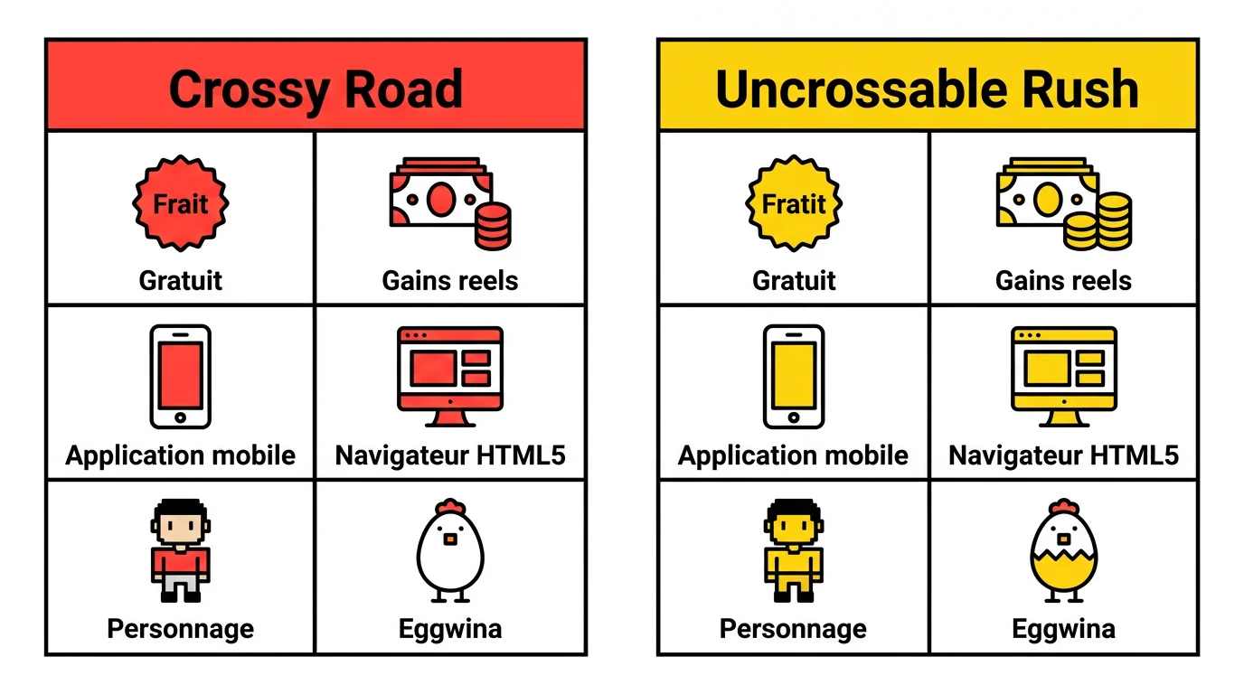 Infographie comparative Crossy Road vs Uncrossable Rush : gratuit vs gains reels, mobile vs HTML5, personnage vs Eggwina