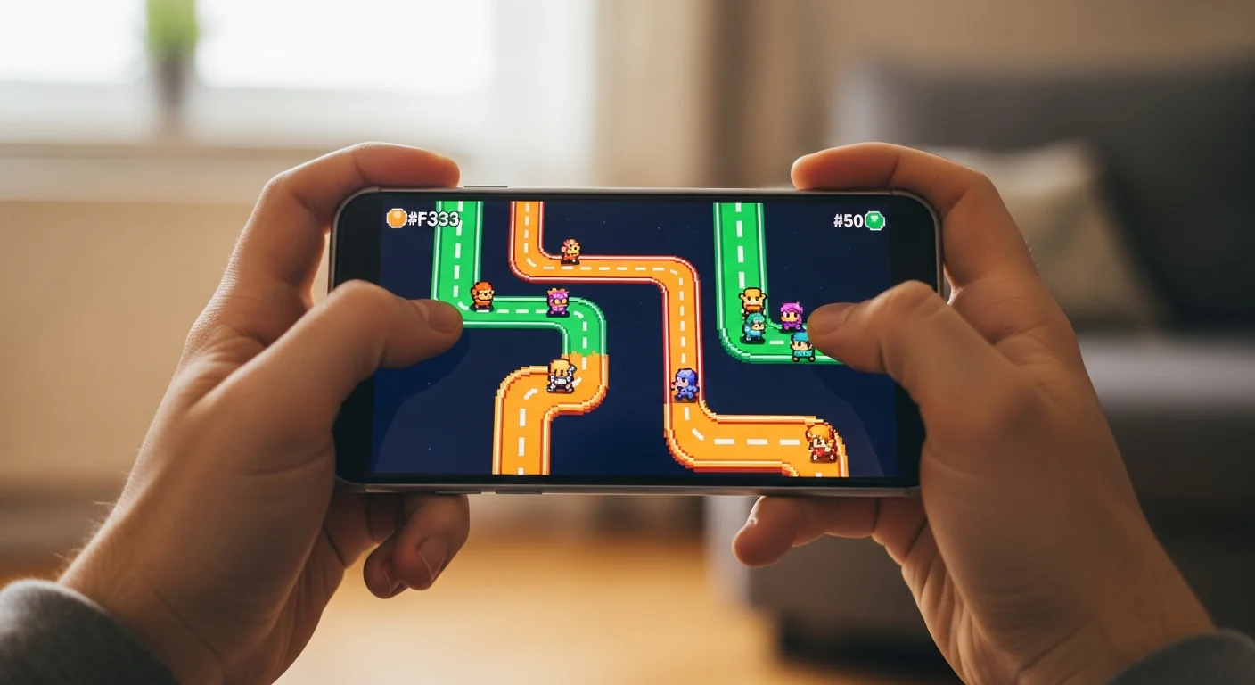 Mains tenant un smartphone en mode paysage avec un jeu arcade pixel art colore a l'ecran
