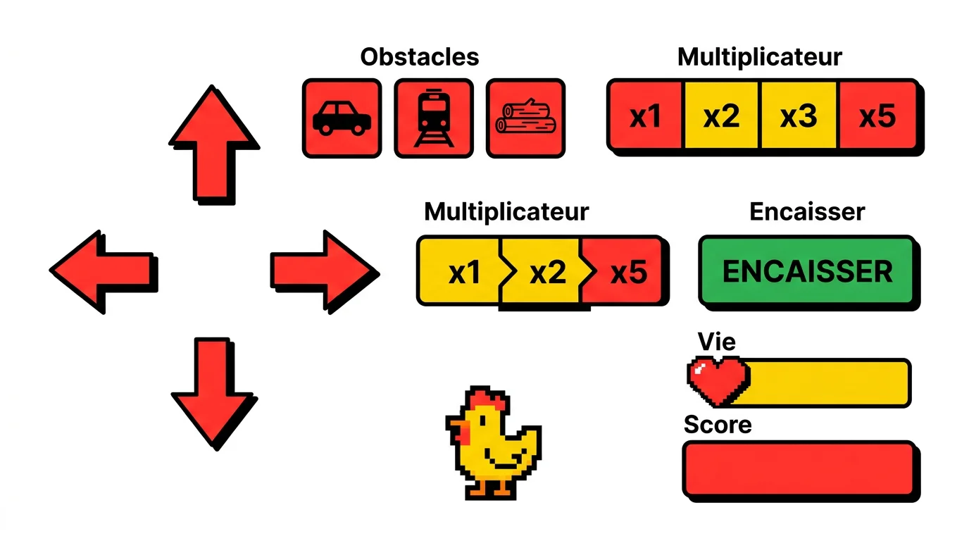 Schema des mecaniques d'Uncrossable Rush : obstacles, multiplicateur de gains et bouton Encaisser