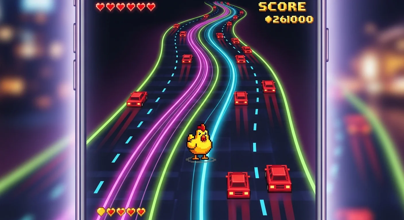 Ecran de smartphone affichant un jeu arcade pixel art avec une poule traversant une route coloree