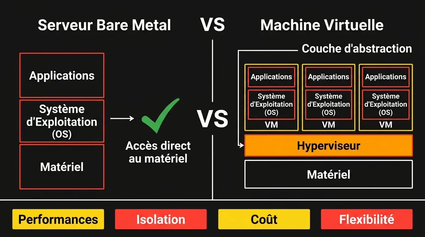 Diagramme comparatif architecture bare metal vs machine virtuelle avec couche hyperviseur