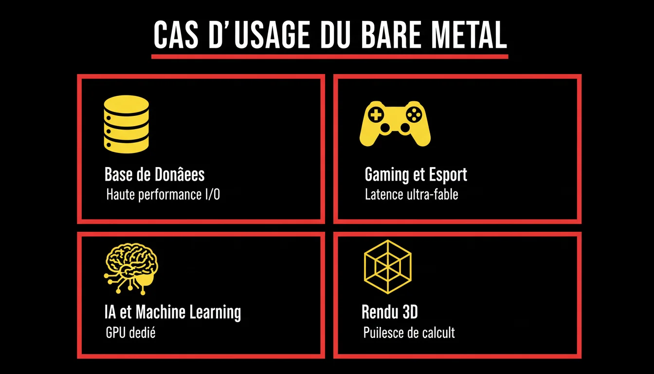 Infographie des cas d'usage d'un serveur bare metal : bases de données, gaming, IA, rendu 3D