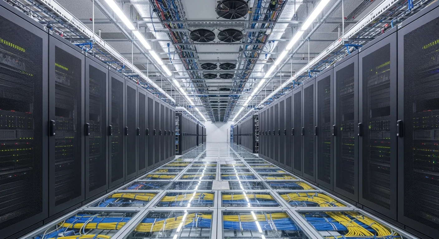 Salle serveur avec rangées de racks et systèmes de refroidissement