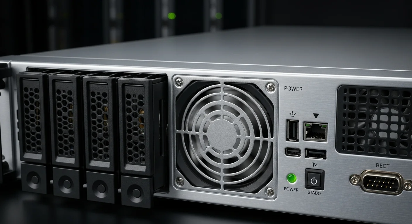 Gros plan sur un serveur rack 1U avec connecteurs, ventilateurs et baies disques