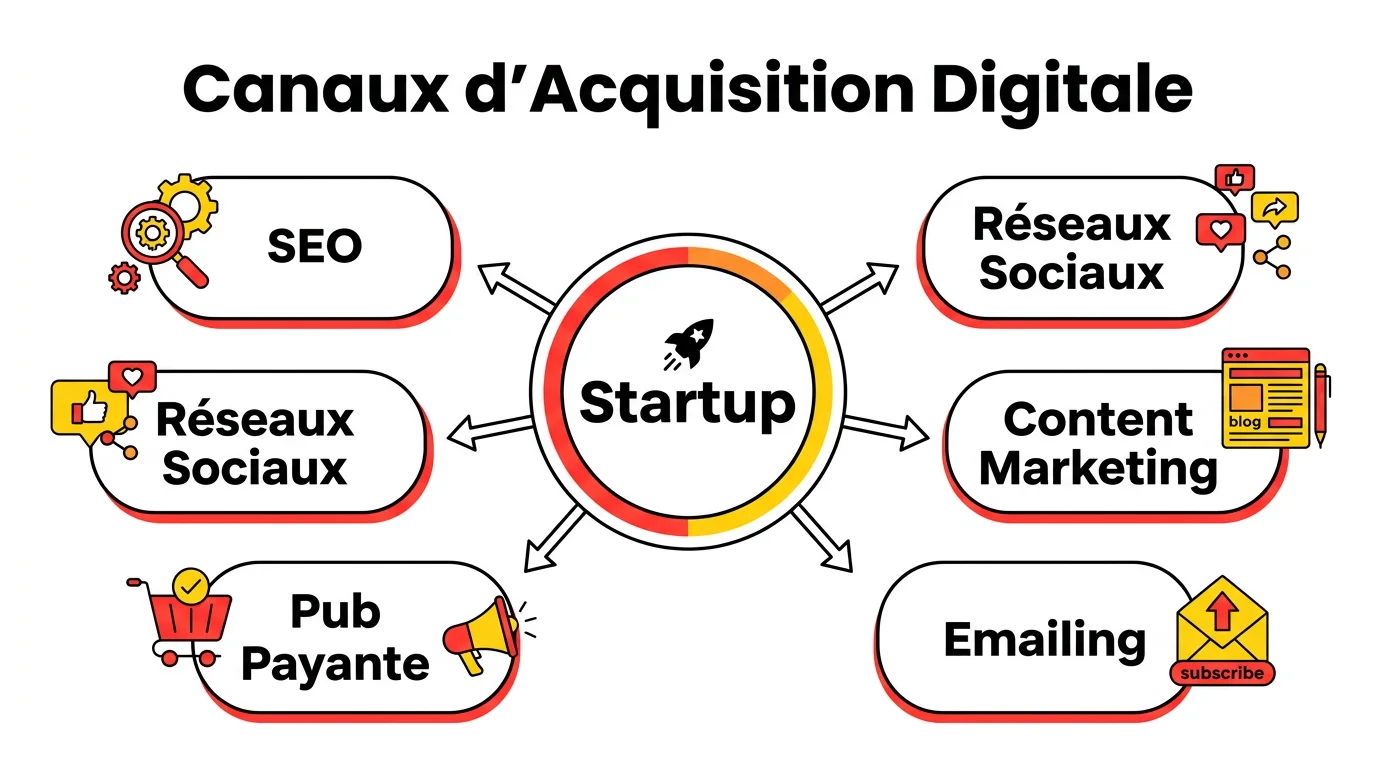Infographie des 5 canaux d'acquisition digitale pour une startup : SEO, reseaux sociaux, content marketing, publicite payante, emailing