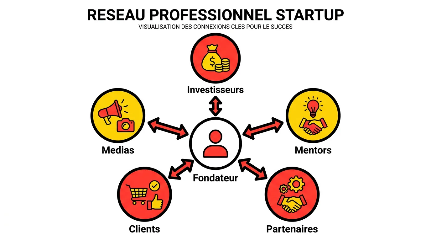 Schema reseau de connexions professionnelles d'une startup : fondateur relie aux investisseurs, mentors, partenaires, clients et medias