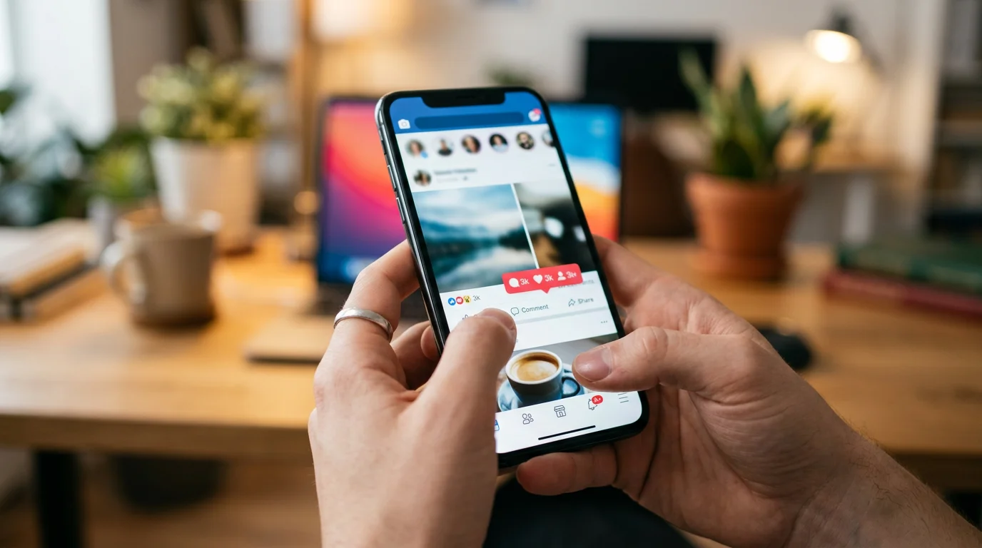 Smartphone affichant un feed de reseaux sociaux avec des notifications d'engagement