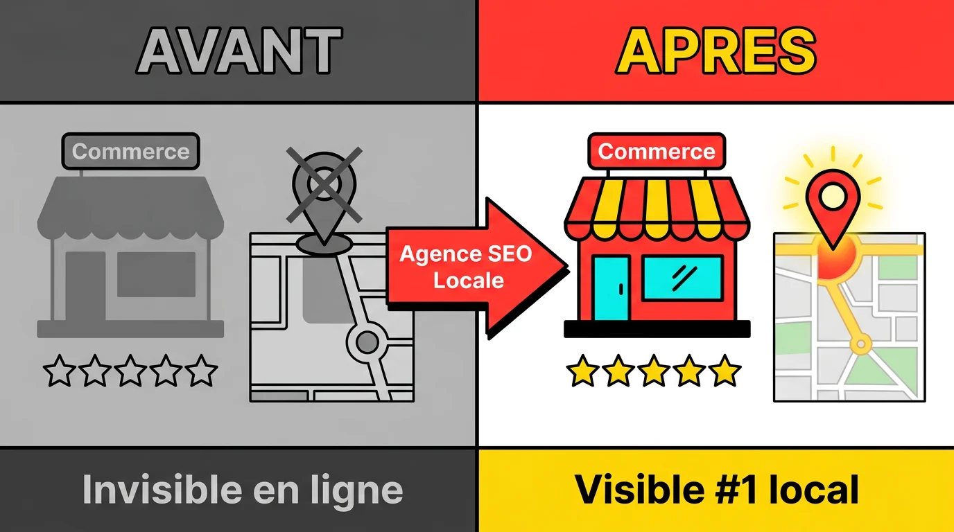 Comparaison avant/après de la visibilité locale d'un commerce : invisible vs premier résultat sur la carte Google