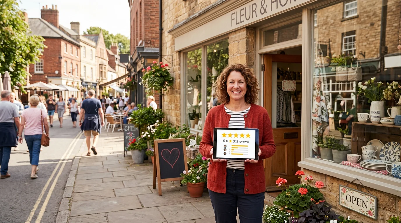 Commerçante tenant une tablette affichant sa fiche Google Business Profile avec des avis 5 étoiles