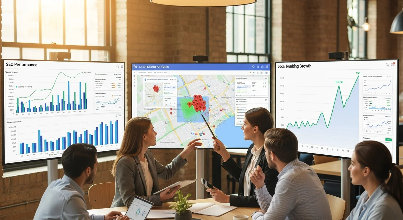 Équipe d'une agence SEO locale travaillant sur des tableaux de bord analytics et des cartes Google Maps