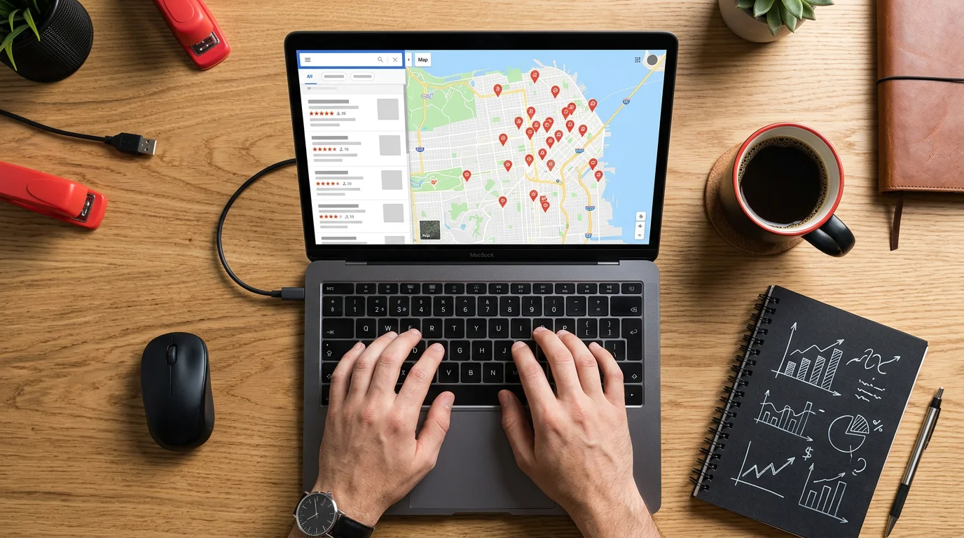 Écran d'ordinateur affichant Google Maps avec plusieurs fiches d'entreprises locales et leurs évaluations