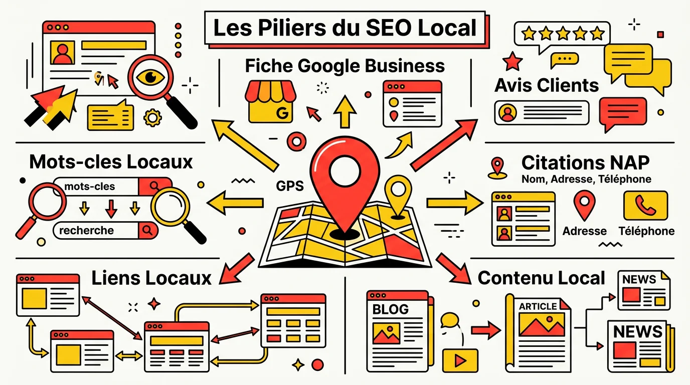 Infographie des piliers du SEO local : fiche Google Business, avis clients, citations NAP, contenu local et liens locaux
