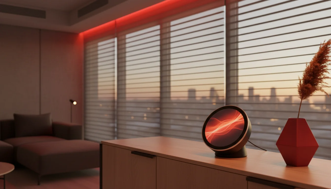 Hub domotique central posé sur un meuble avec volets motorisés et éclairage LED connecté en arrière-plan