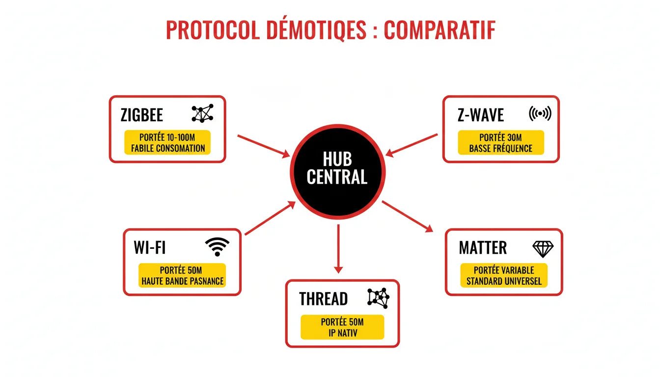 Infographie comparative des protocoles domotiques Zigbee, Z-Wave, Wi-Fi, Matter et Thread connectés à un hub central