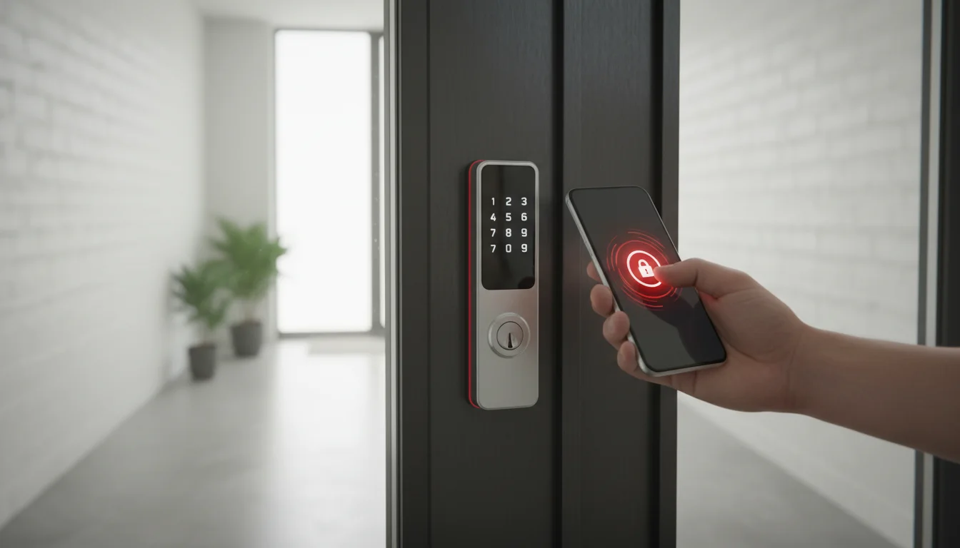 Main tenant un smartphone pour contrôler une serrure connectée sur la porte d'entrée d'un appartement moderne