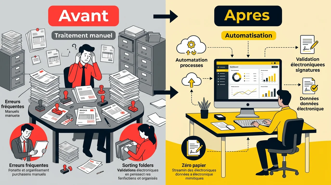 Comparaison avant/après e-procurement : gestion papier manuelle versus processus d'achat numérique automatisé