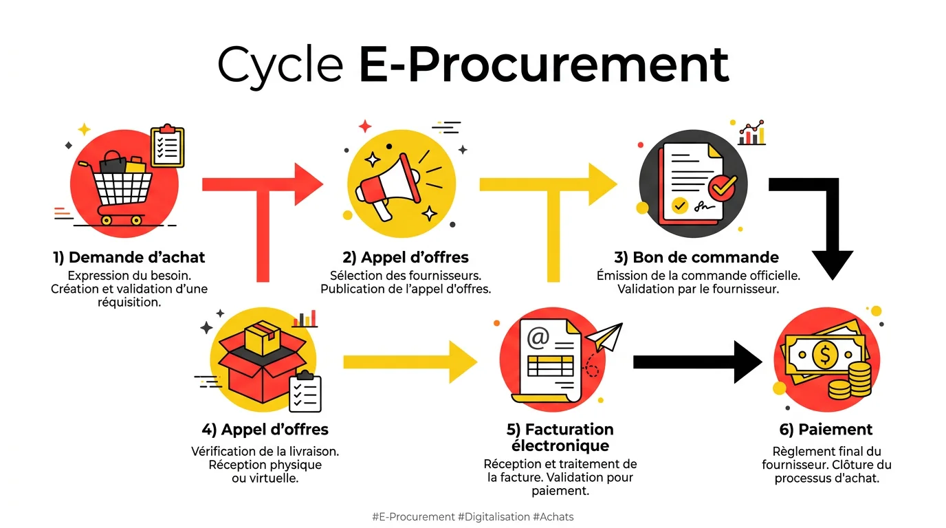 Infographie du cycle e-procurement : de la réquisition au paiement électronique en 6 étapes