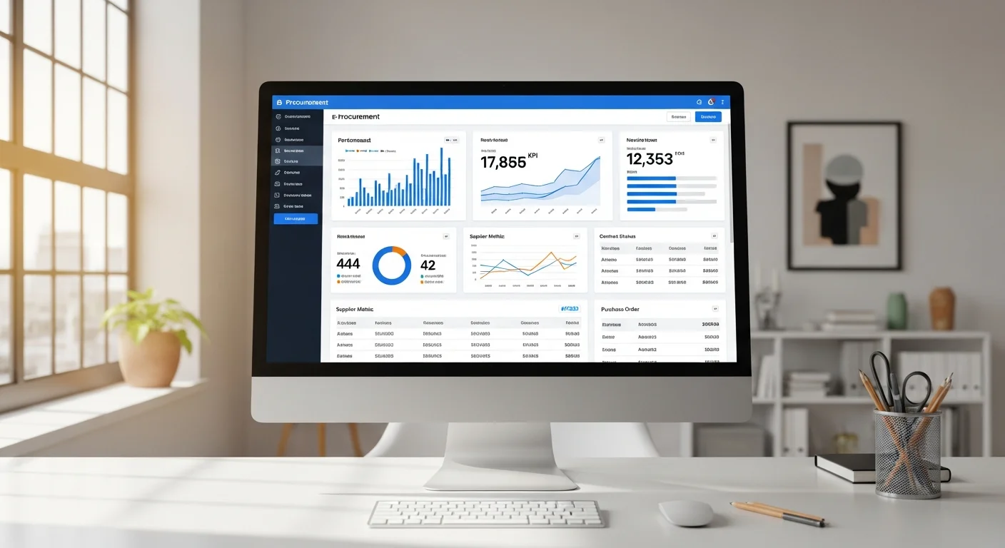 Tableau de bord e-procurement affiché sur un écran d'ordinateur dans un bureau moderne