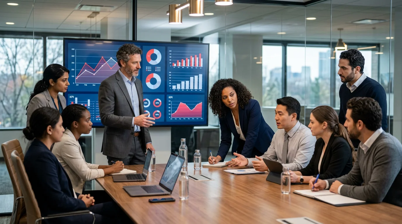 Équipe achat en réunion analysant des indicateurs fournisseurs sur grand écran
