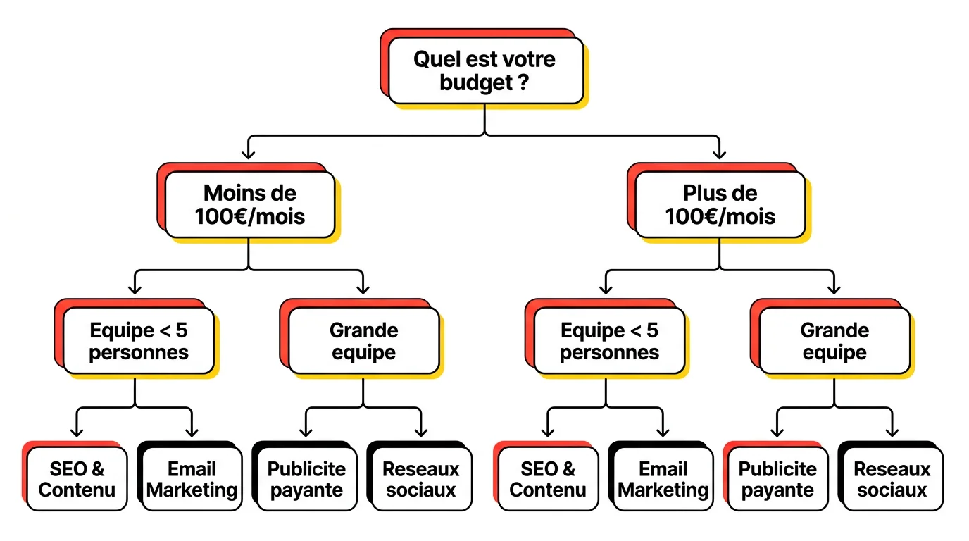 Diagramme en arbre de decision pour choisir sa plateforme marketing IA selon le budget, la taille d'equipe et les objectifs