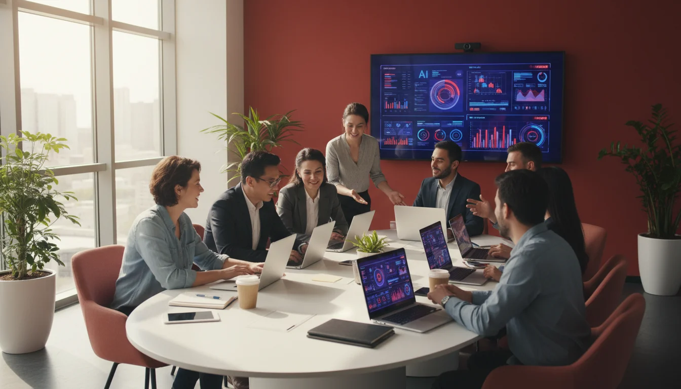 Equipe marketing en reunion autour d'une table avec laptops affichant des outils d'IA