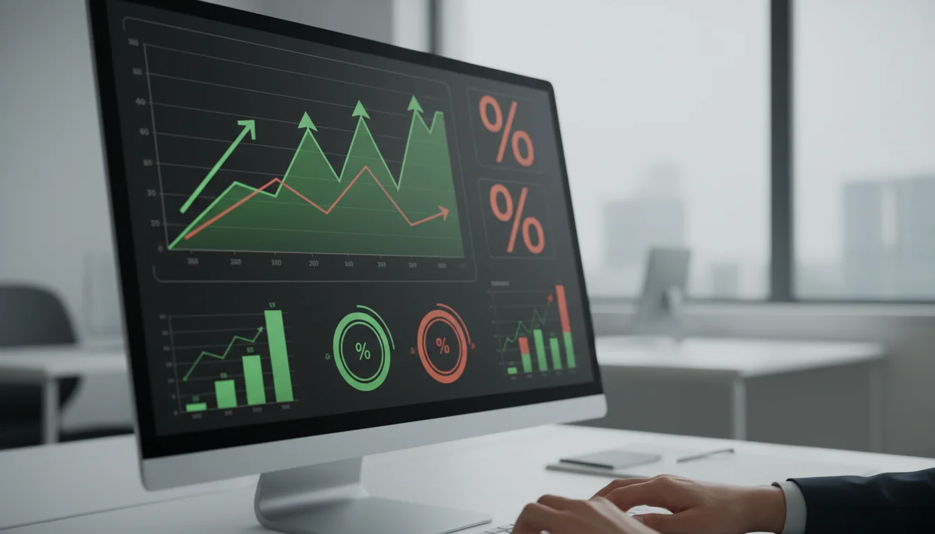Ecran d'ordinateur affichant des metriques de ROI marketing avec graphiques en hausse et indicateurs KPI
