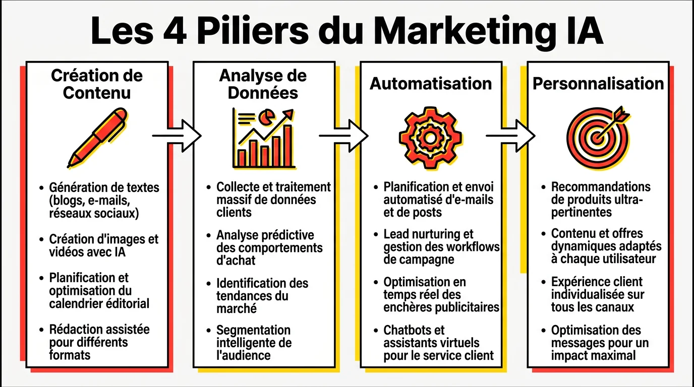 Infographie des 4 piliers d'une plateforme marketing IA : creation de contenu, analyse de donnees, automatisation, personnalisation