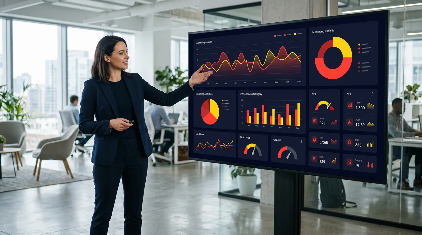 Professionnelle du marketing devant un grand ecran affichant un tableau de bord analytique avec graphiques de performance