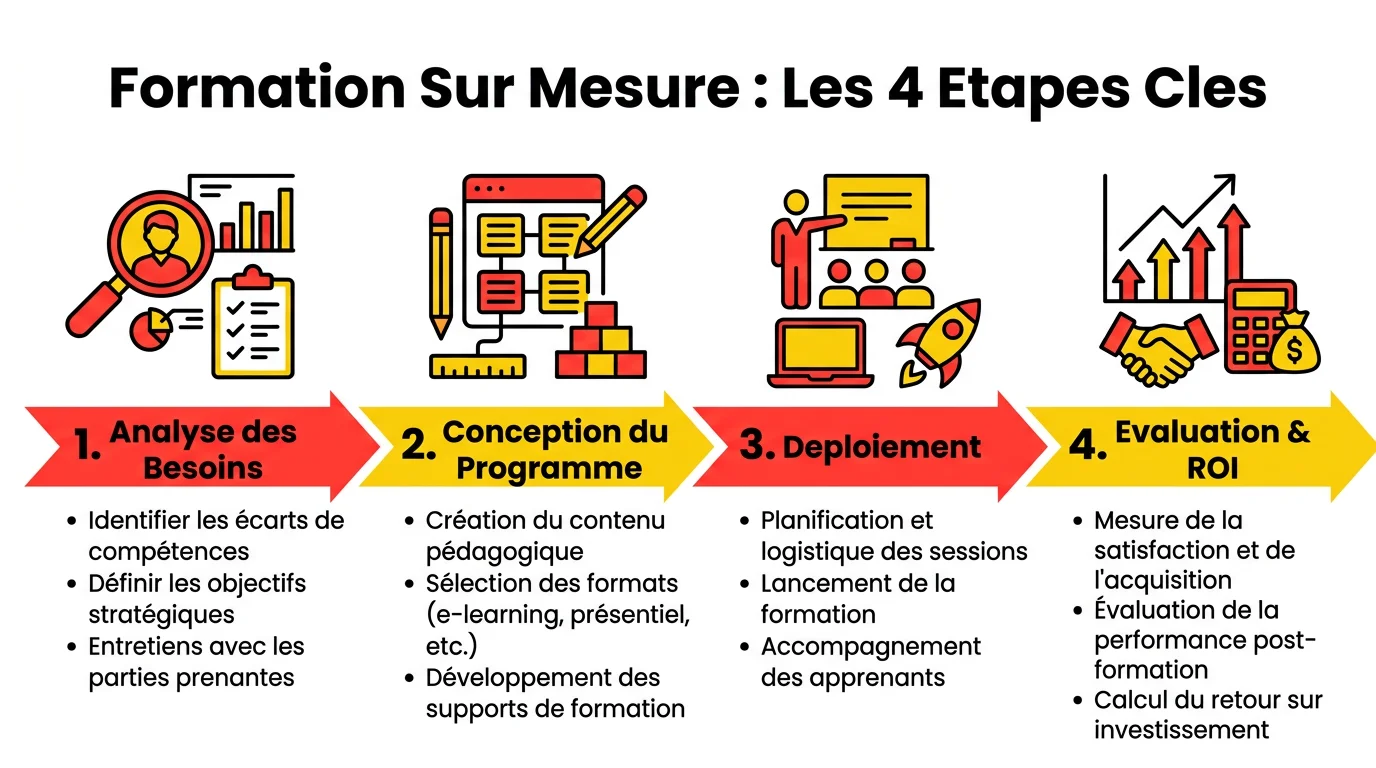 Infographie illustrant les 4 étapes d'une formation sur mesure en entreprise : analyse des besoins, conception du programme, déploiement, évaluation et ROI