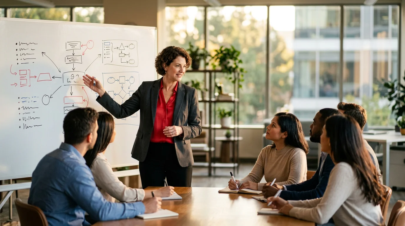 Formateur présentant un programme de formation personnalisé au tableau devant un petit groupe de professionnels