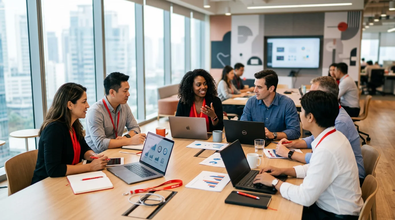 Séance de formation en entreprise dans une salle de réunion moderne, groupe de collaborateurs autour d'une table avec ordinateurs et documents