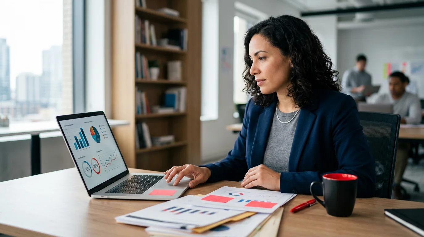 Responsable RH consultant les résultats de formation et les indicateurs de retour sur investissement sur un écran d'ordinateur