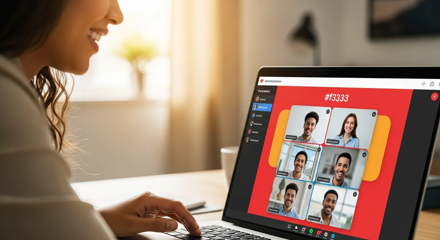 Jeune adulte souriant devant un ordinateur portable affichant une interface de chat vidéo avec plusieurs participants