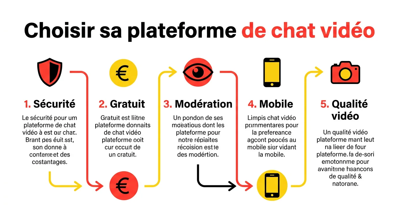 Schéma des 5 critères pour choisir une plateforme de chat vidéo : sécurité, gratuité, modération, mobile, qualité vidéo