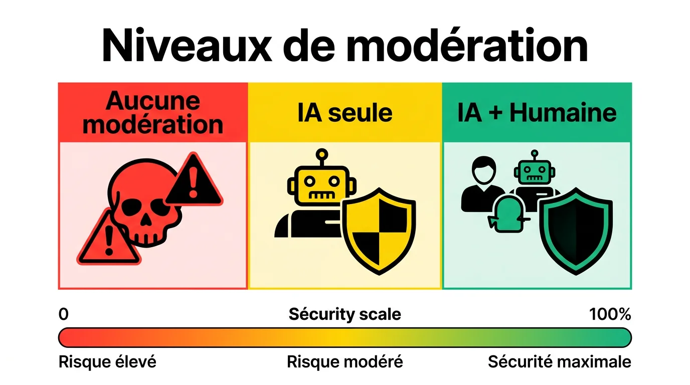 Infographie comparative des 3 niveaux de modération sur les plateformes de chat vidéo