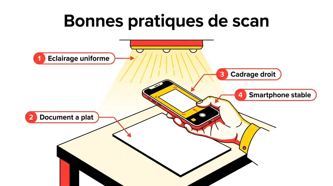 Illustration des bonnes pratiques pour scanner avec un smartphone : eclairage uniforme, document a plat, cadrage droit