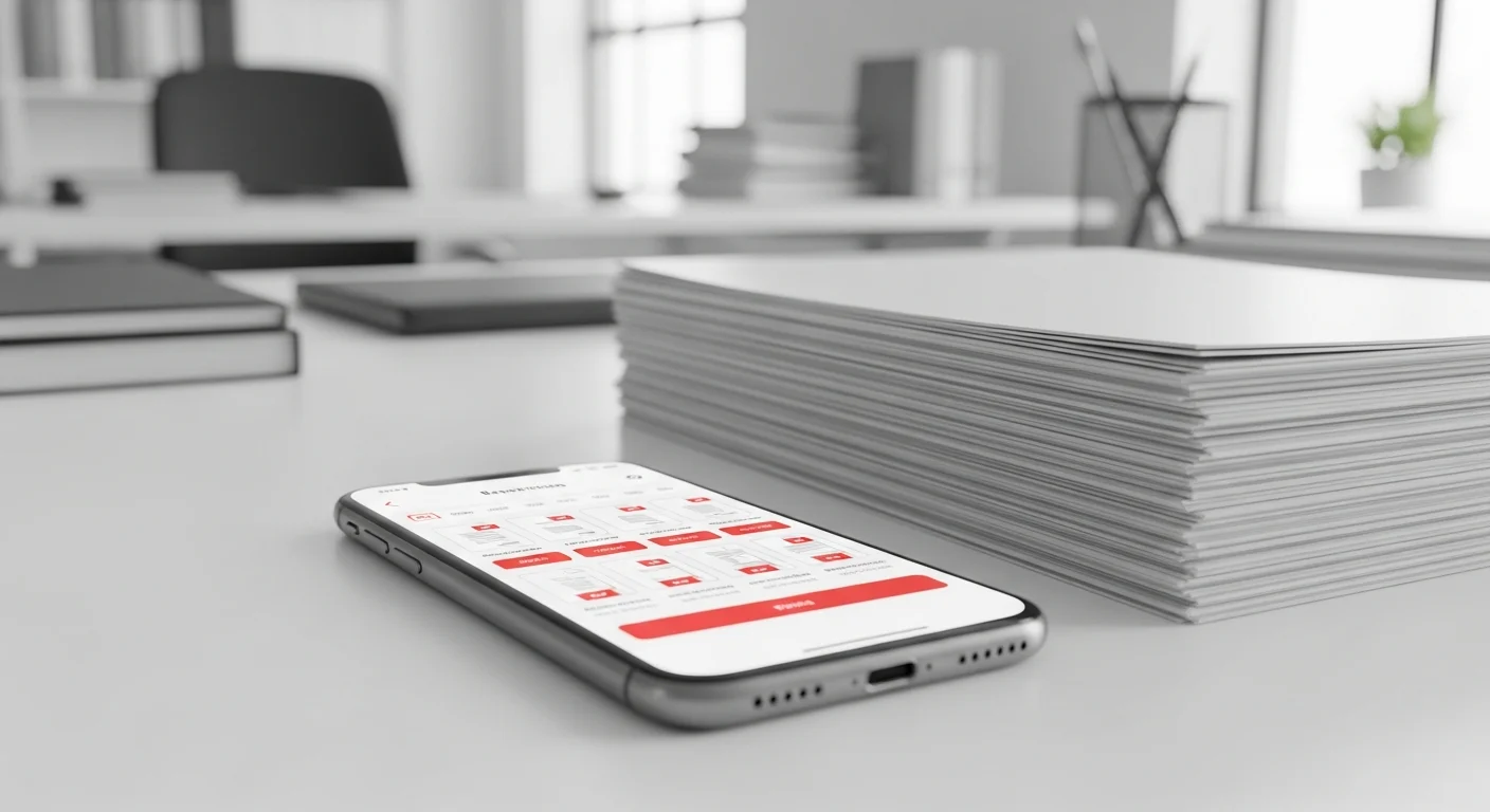 Pile de documents papier a cote d'un smartphone affichant des fichiers PDF numerises sur un bureau lumineux