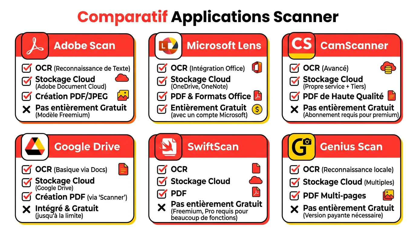 Infographie comparative de 6 applications scanner pour smartphone avec leurs caracteristiques cles
