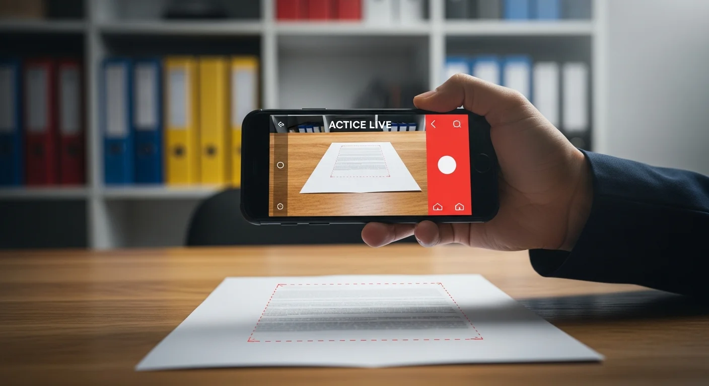 Personne tenant un smartphone au-dessus d'un document papier avec interface de scan et cadrage automatique visible