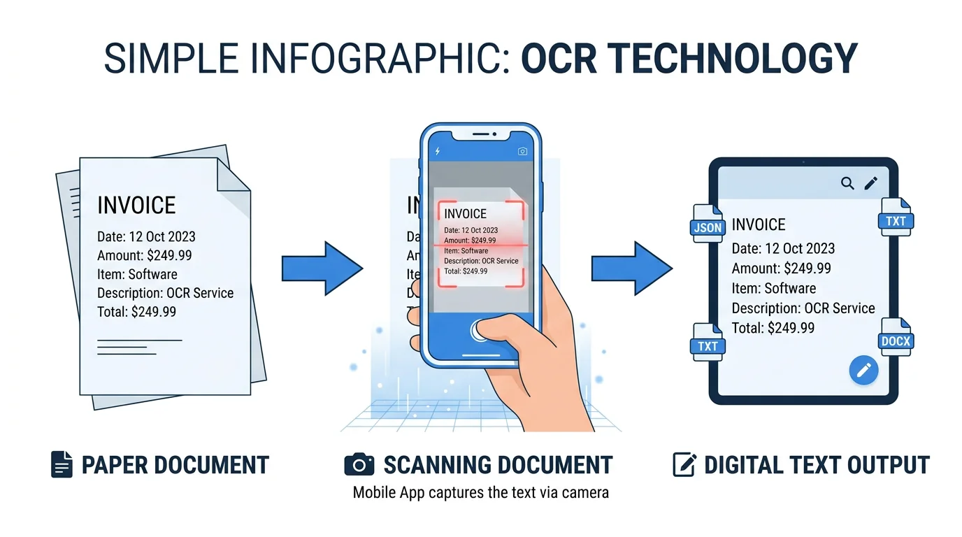 Schema explicatif du fonctionnement de l'OCR : document papier, camera, reconnaissance de caracteres, texte numerique editable